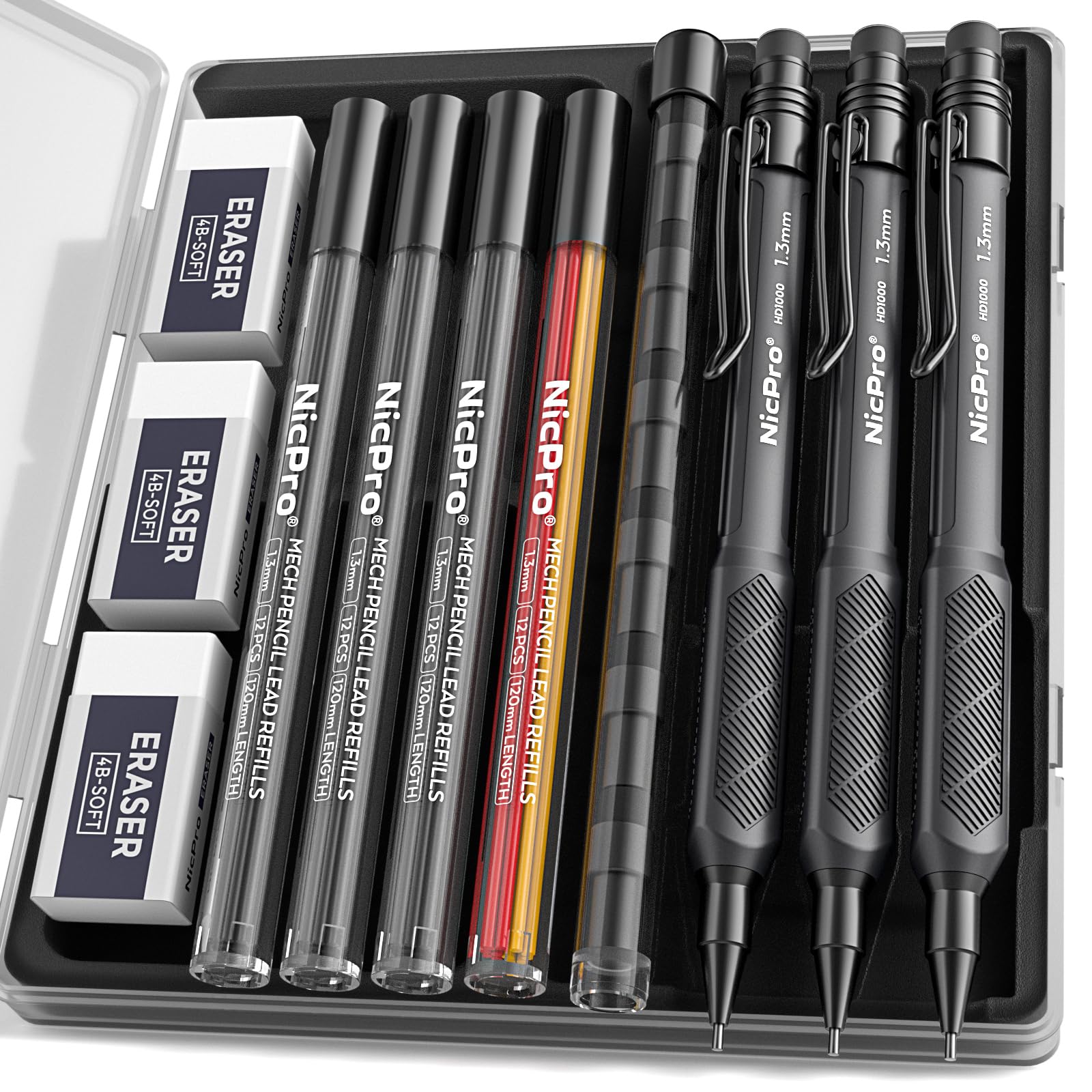Nicpro 1.3 mm Mechanical Pencils Set, HD1000 1.3 Lead Pencil, 3 Pcs Black