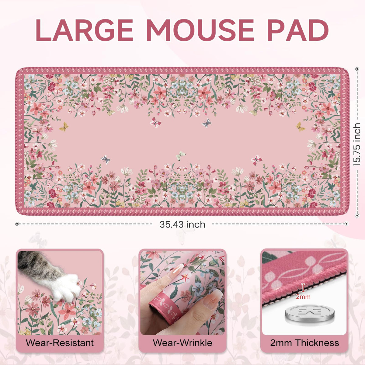iCasso Desk Mat Pink,Long Mouse Pad with Stitched Edges