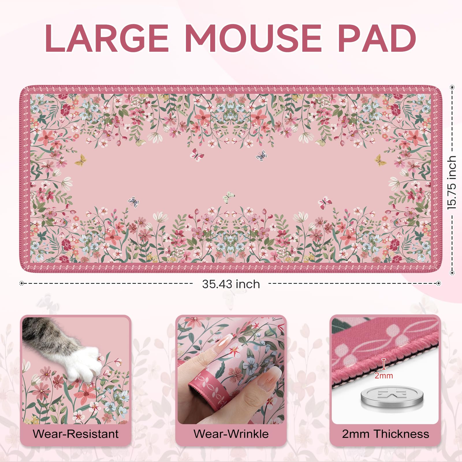 iCasso Desk Mat Pink,Long Mouse Pad with Stitched Edges