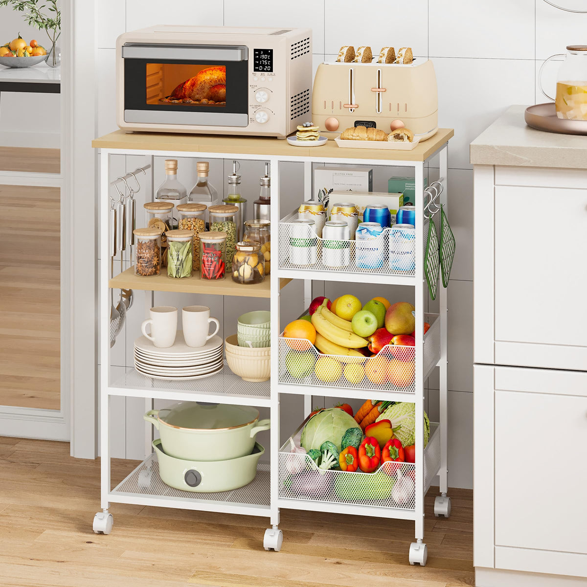 HapiRm Rolling Kitchen Carts with Storage - Microwave Table Stand with 6 Hooks & 3 Baskets, kitchen
