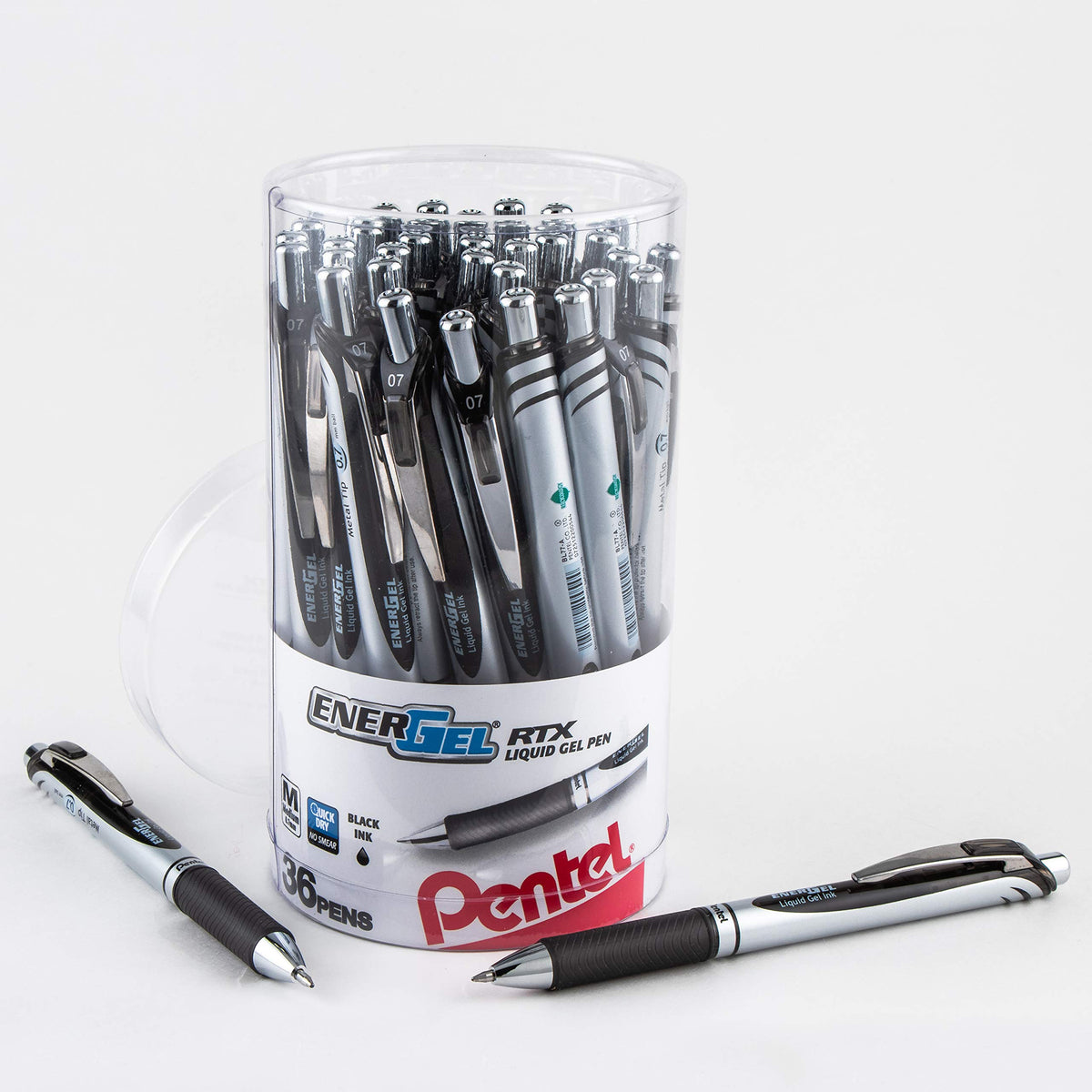 Pentel EnerGel RTX Retractable Liquid Gel Pen Canister, Black Ink (BL77PC36A) (Pack of 1, 36 Count