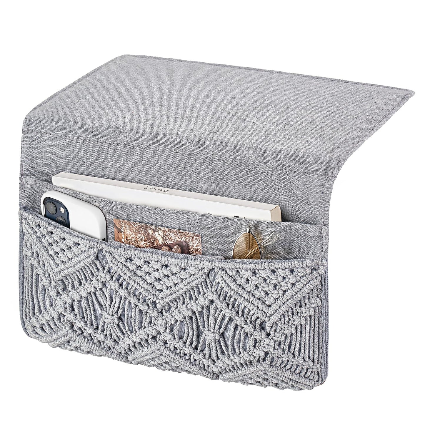 Mkono Macrame Bedside Caddy, Boho Bed Storage Organizer, 4 Pockets Grey