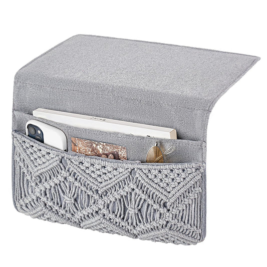 Mkono Macrame Bedside Caddy, Boho Bed Storage Organizer, 4 Pockets Grey