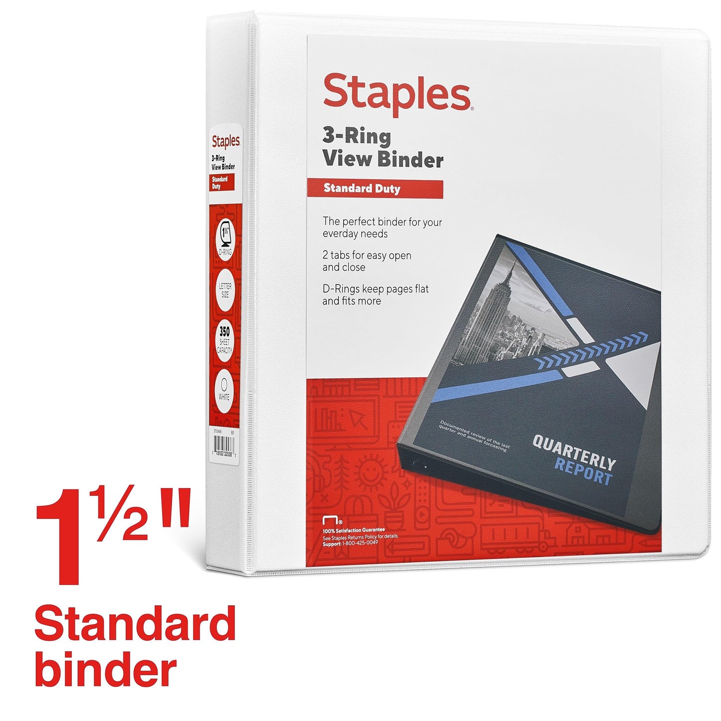 Staples 1 1/2" 3-Ring View Binder, D-Ring, White, 4/Pack