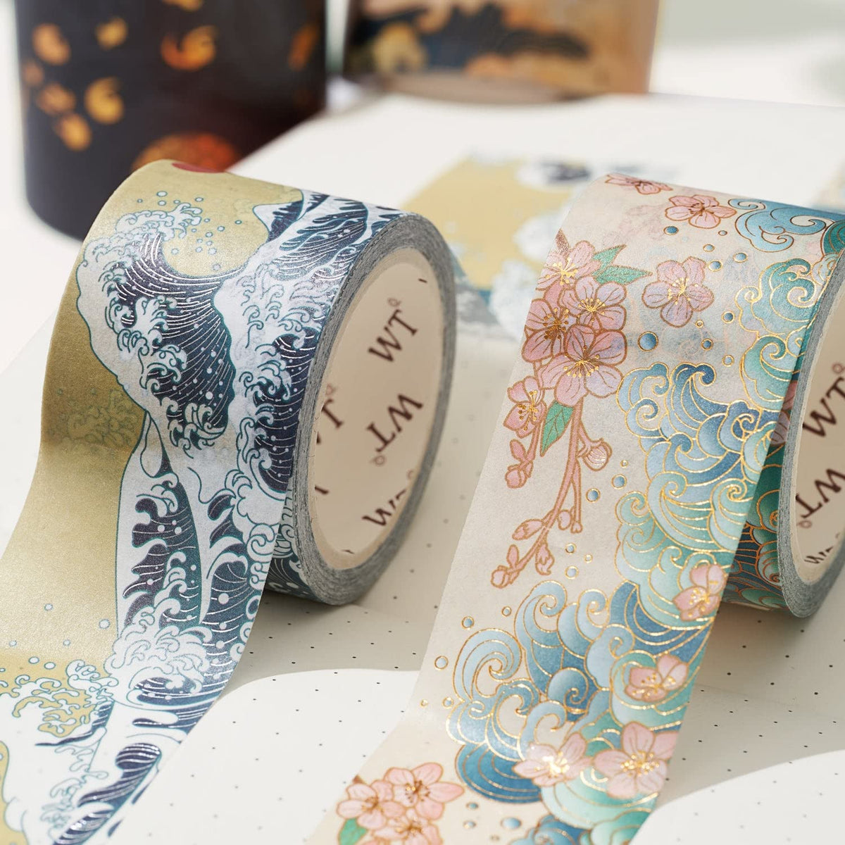 WT Waves of Rebun Washi Tape Set, 4 Rolls, Gold Foil, Decorative Masking Tape, Bujo Planner