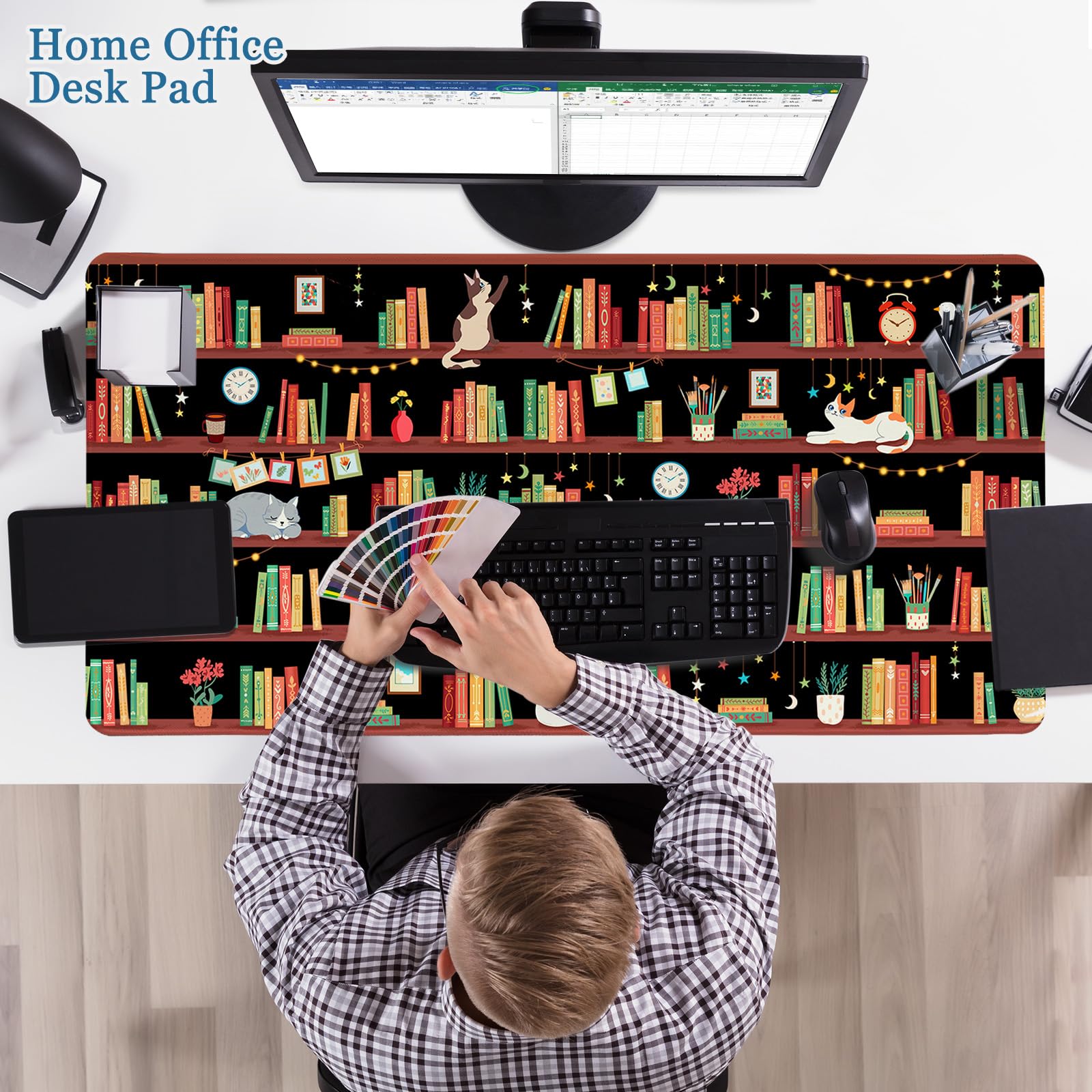 Bookshelf Cat Teacher Desk Pad, Mouse Pad Office Accessories, 31.5×15.7