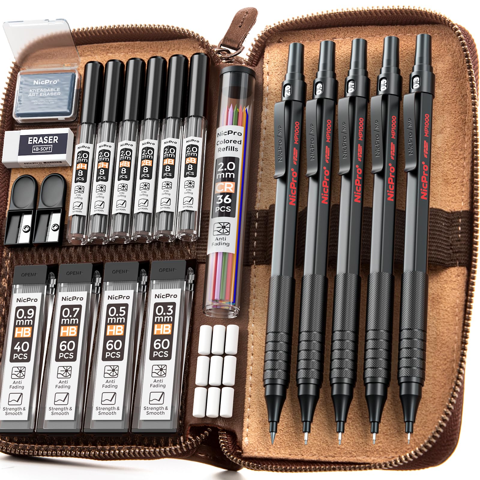 Nicpro 20PCS Black Metal Mechanical Pencil Set in Leather Case