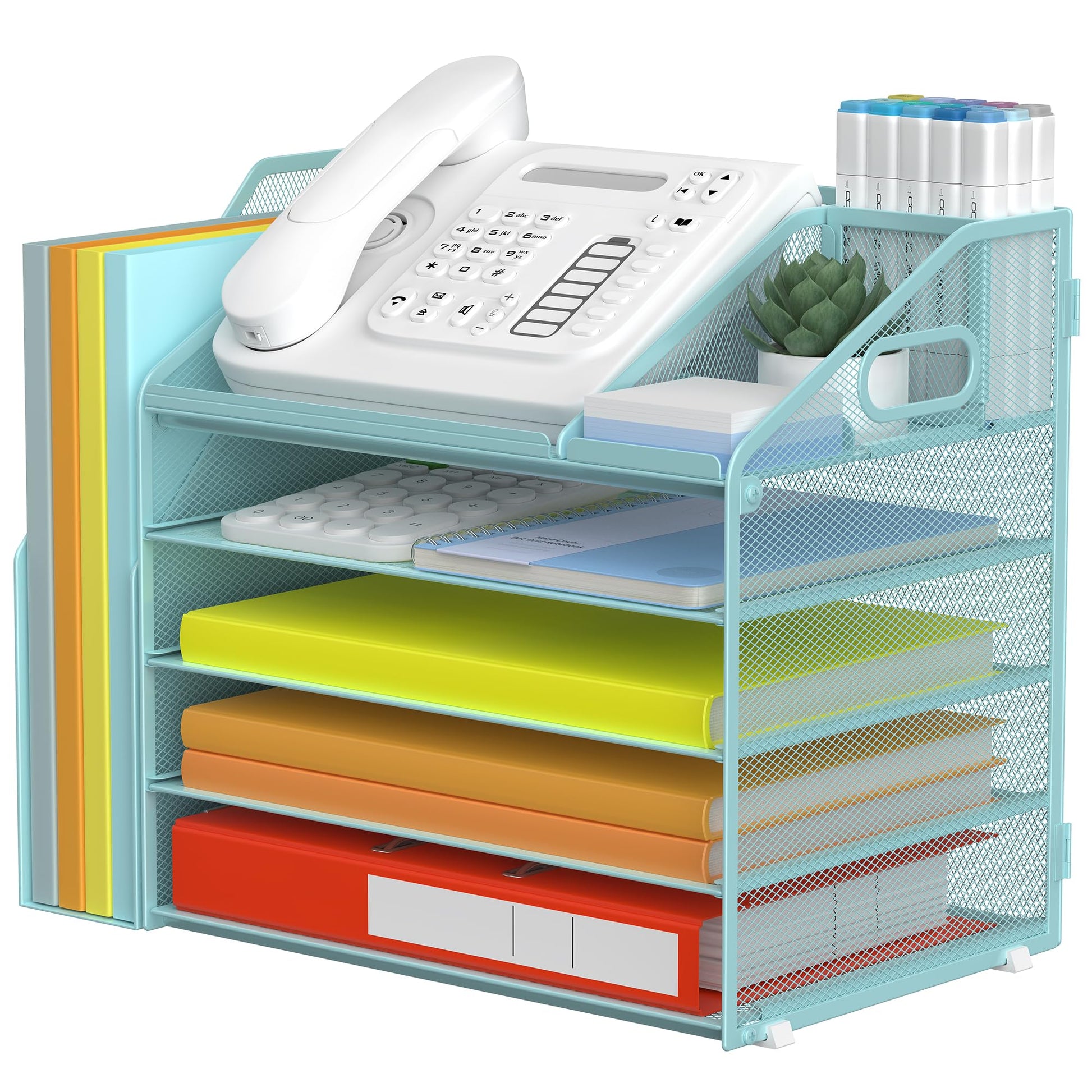 DocNest 5 Tier Metal Mesh Desk File Organizer with Phone Shelf, Blue