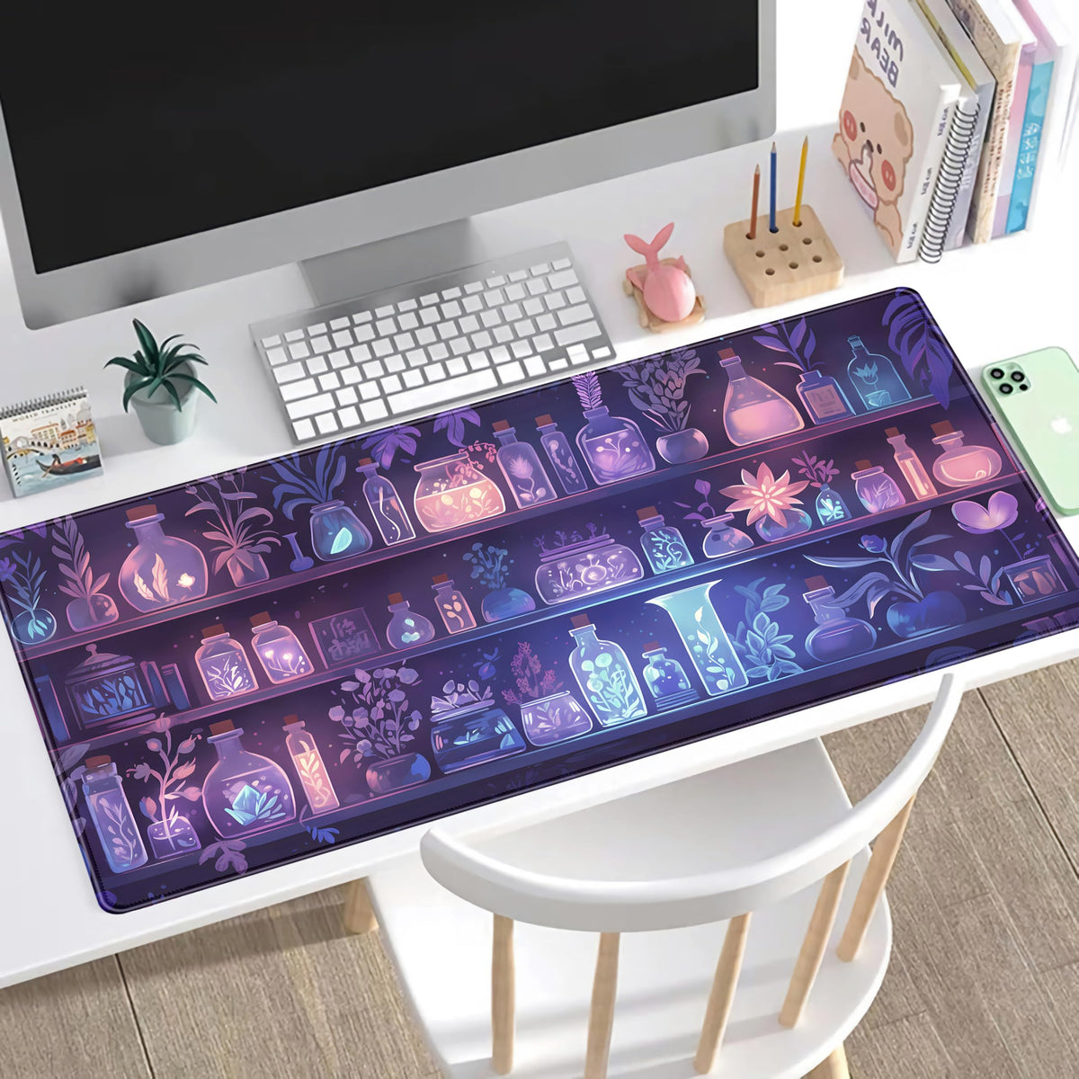 Cute Cozy Purple Gaming Desk Mat, Mystical Potion Bottles Mouse Pad XXL Large Extended Aesthetic