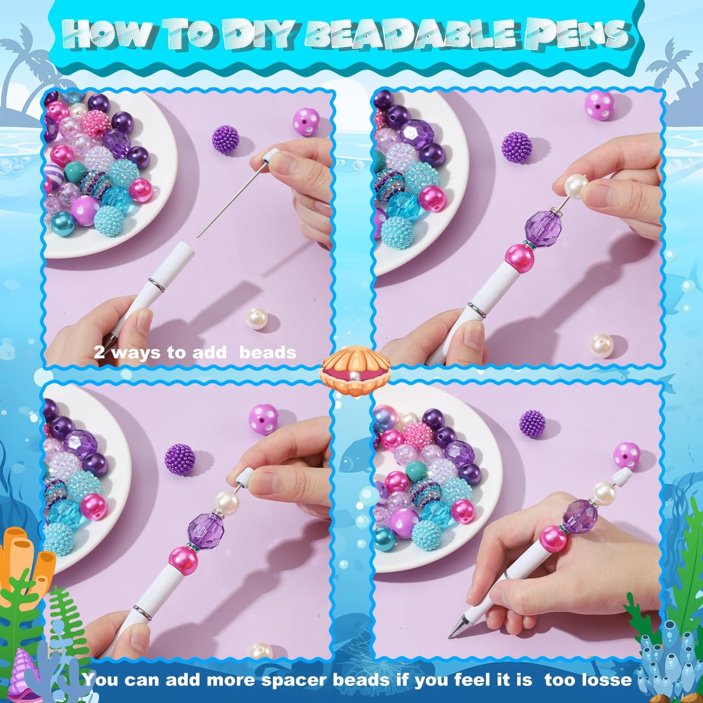 Cholemy 24 Sets Assorted Beads Plastic Beadable Pens, Stylish