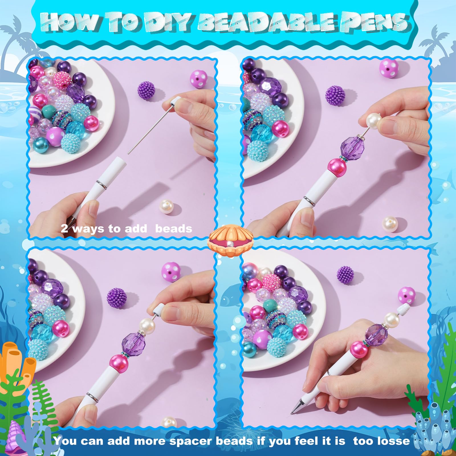 Cholemy 24 Sets Assorted Beads Plastic Beadable Pens, Stylish