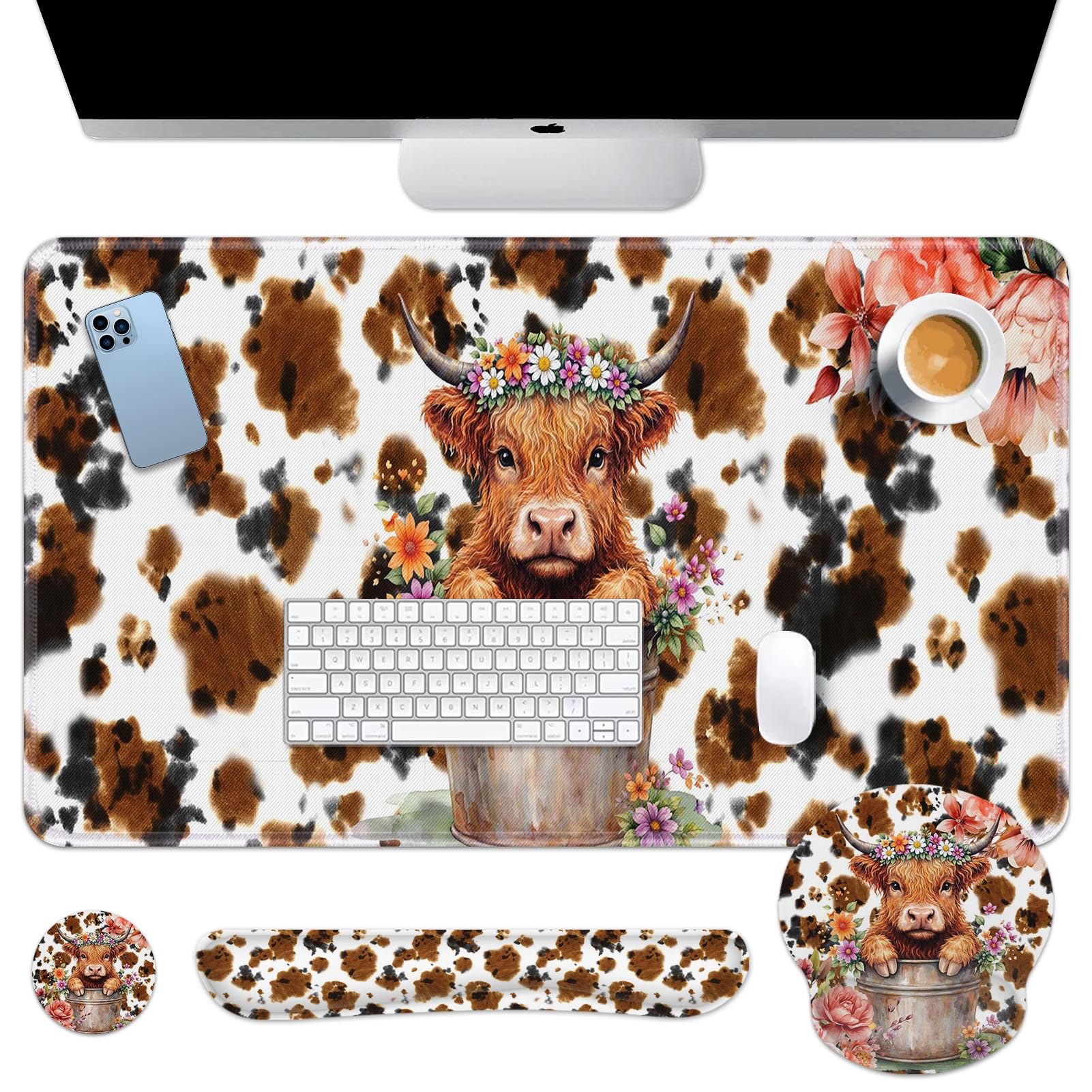 Arttown Keyboard Mouse Pad Set, 4 in 1 Desk Mat Set Highland Cow