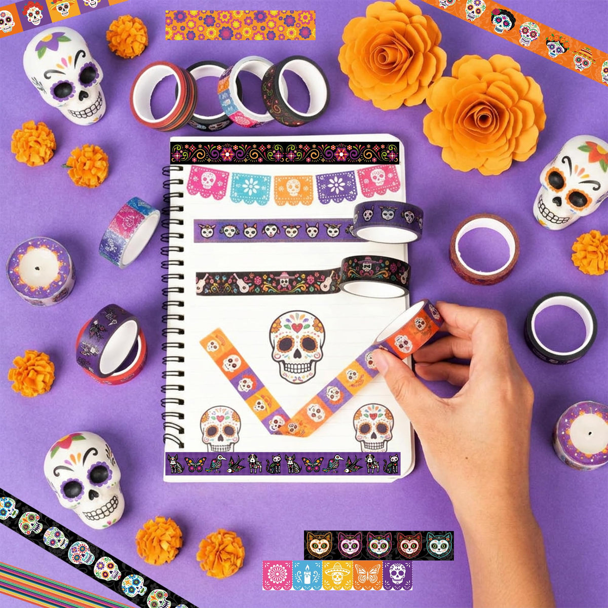 BkeeCten Day of the Dead Washi Tape, 12 Rolls Sugar Skull Decorative Tape