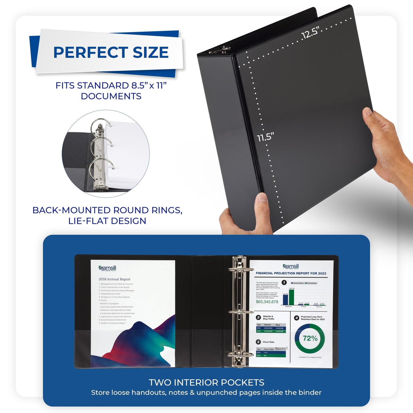 Samsill 3 Inch 3 Ring Binders, Economy Round Ring, Clear View Cover, 550 Sheet Capacity - for