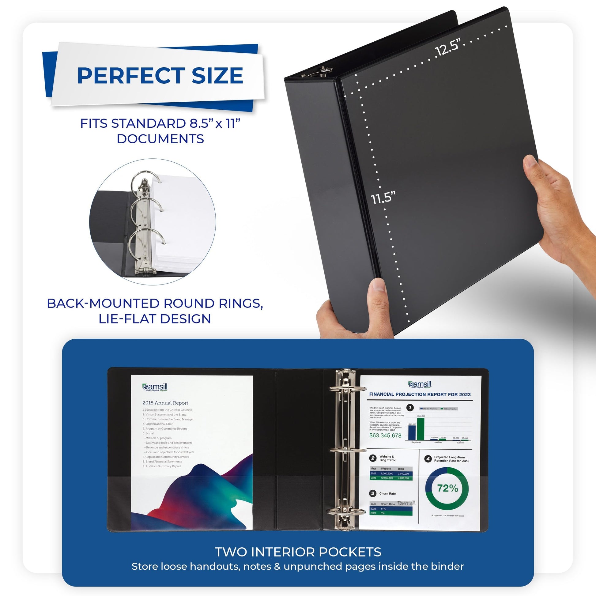 Samsill 3 Inch 3 Ring Binders, Economy Round Ring, Clear View Cover, 550 Sheet Capacity - for