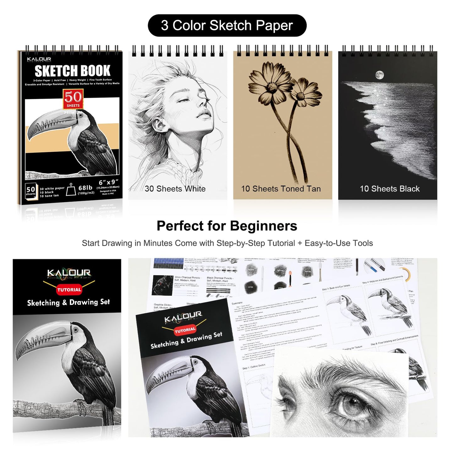 KALOUR PDAS 112 Drawing Set Sketch Kit, Pro Art Supplies with 3-Color Sketchbook, Graphite
