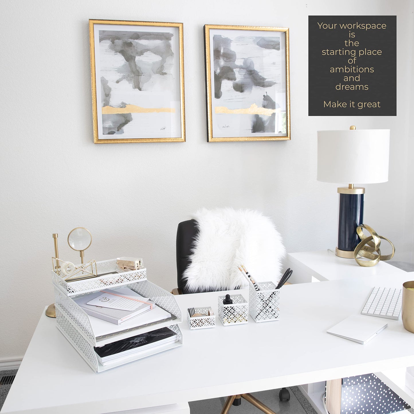 BLU MONACO | White Desk Organizer Set | 6 Piece Metal Desk Organizer with Pen Cup, Accessory Trays