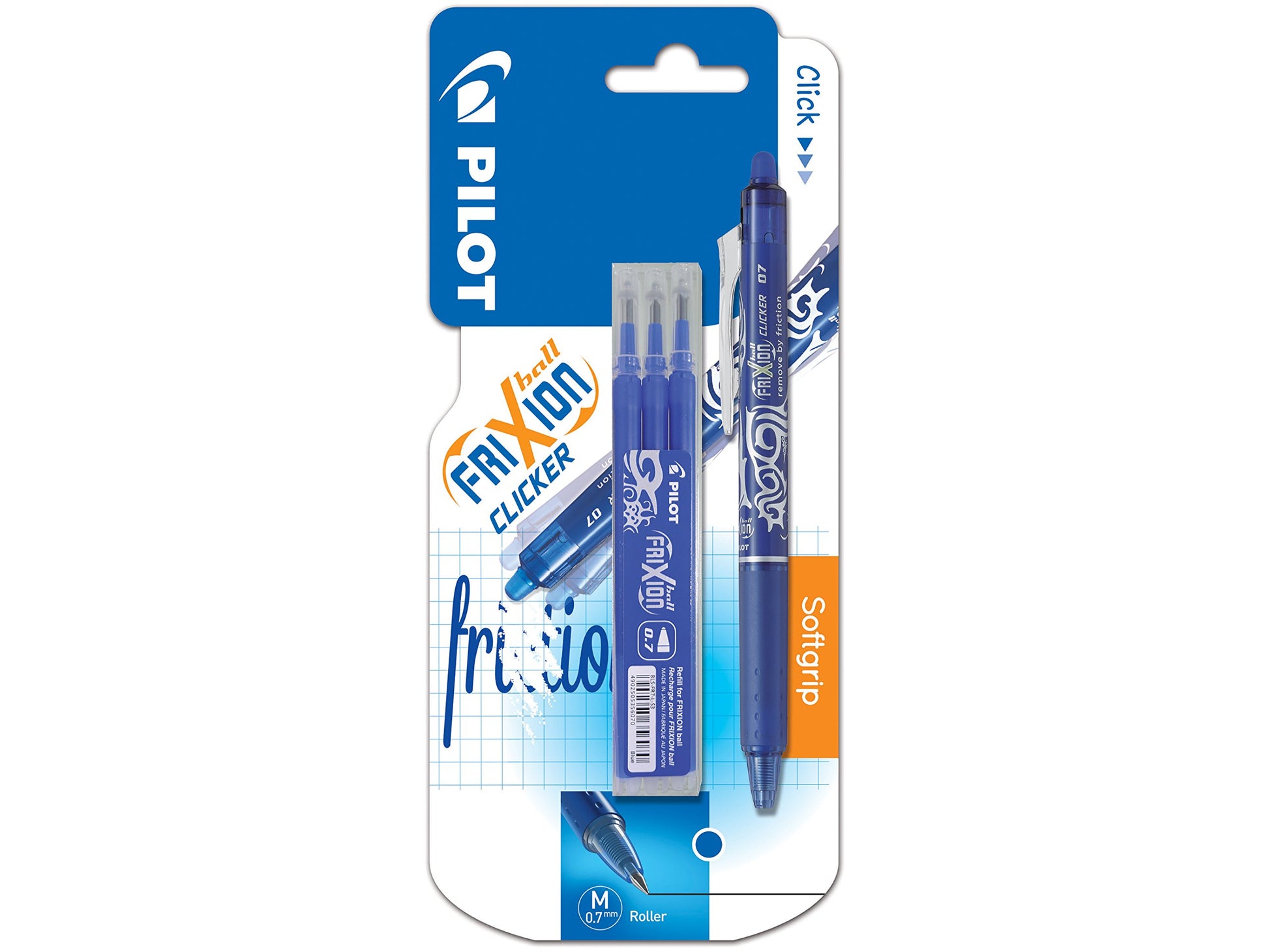 Pilot Frixion Clicker Erasable Retractable Rollerball 0.7 mm Tip Pen with Three Refills - Blue
