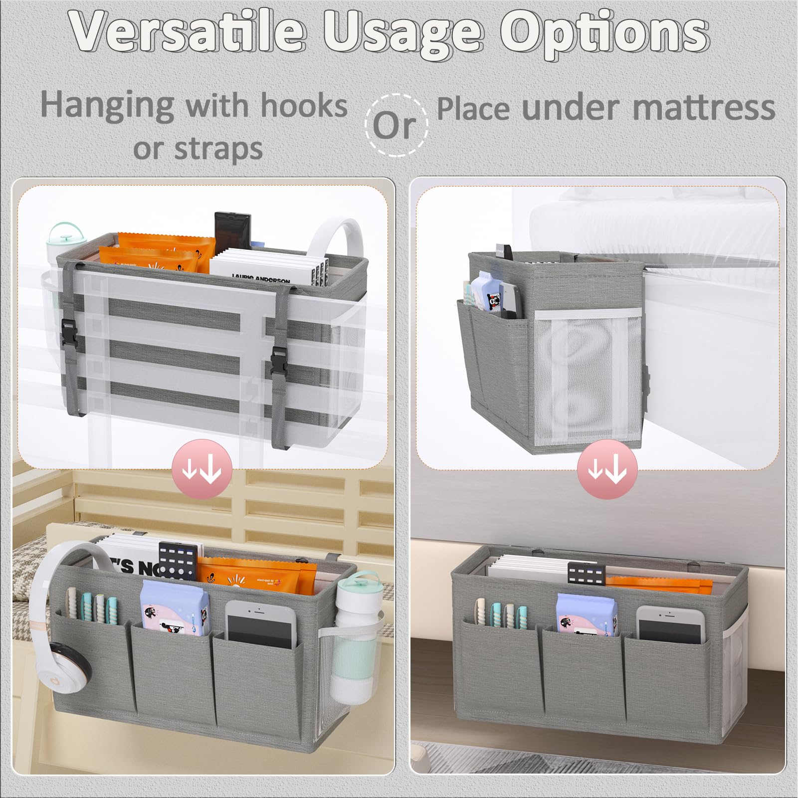 Bedside Caddy Storage Organizer for Bed Rails, Bed Caddy with 6 Pockets