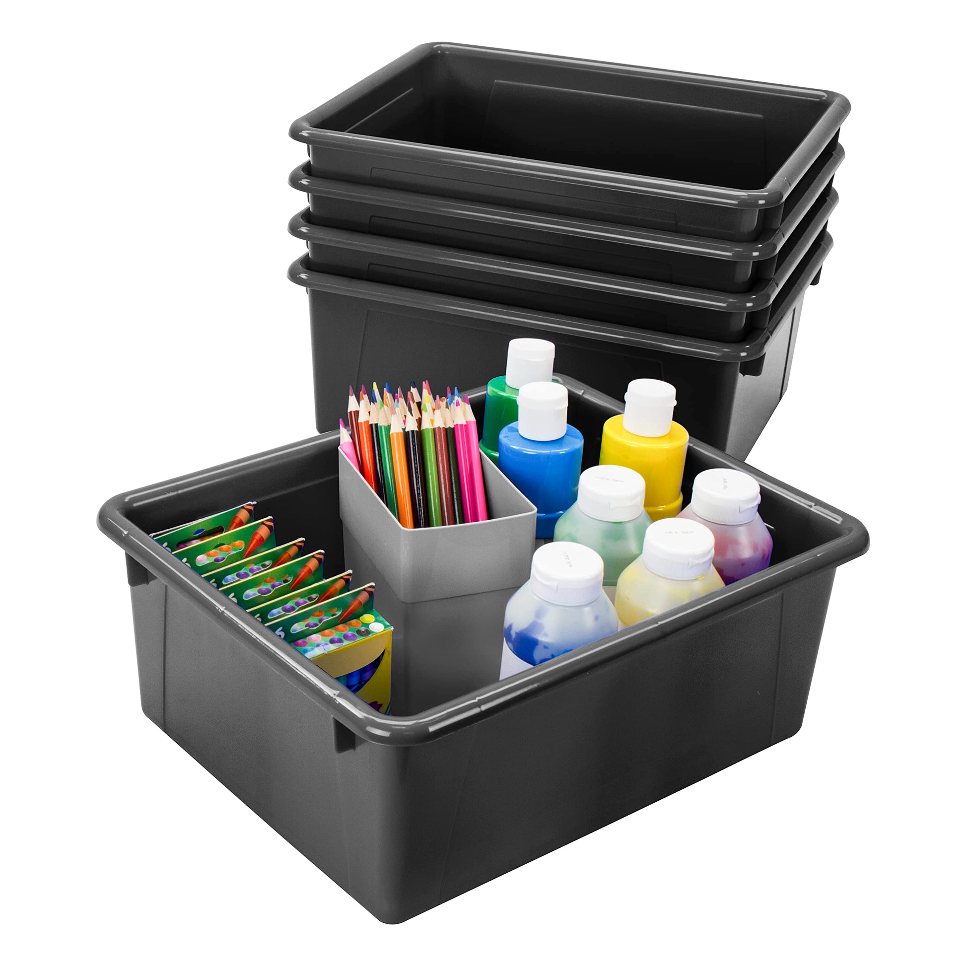 Storex Letter Size Deep Storage Tray – Organizer Bin for Classroom, Office and Home, Black, 5-Pack