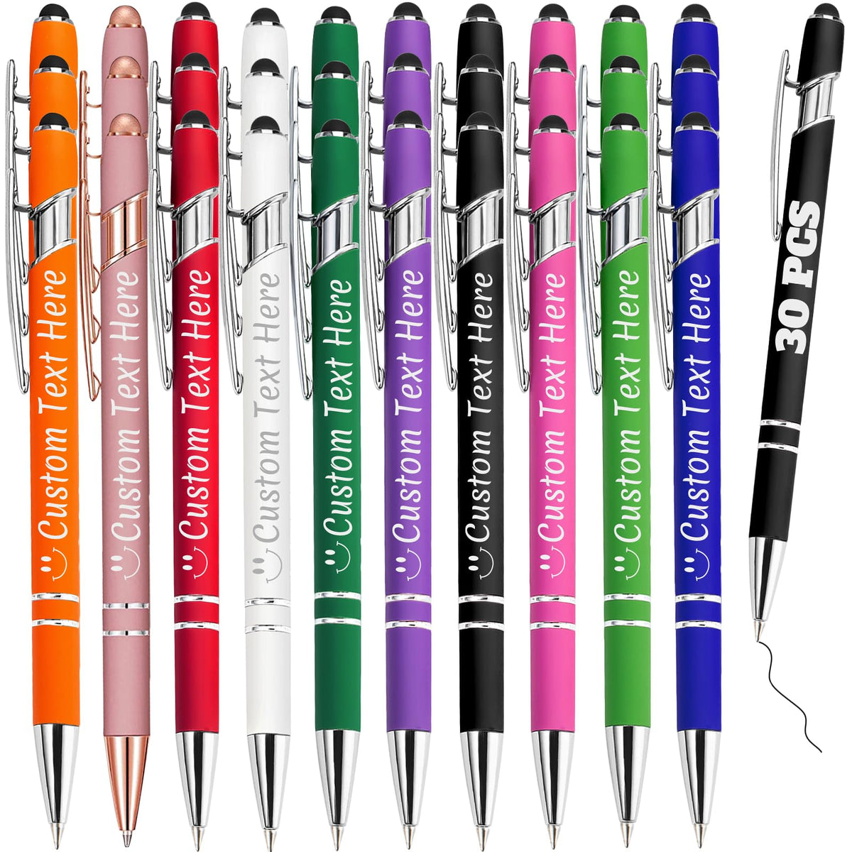 Personalized Pens Bulk 30 with Name Custom Engraving Ballpoint Pens with Stylus Tip Customized