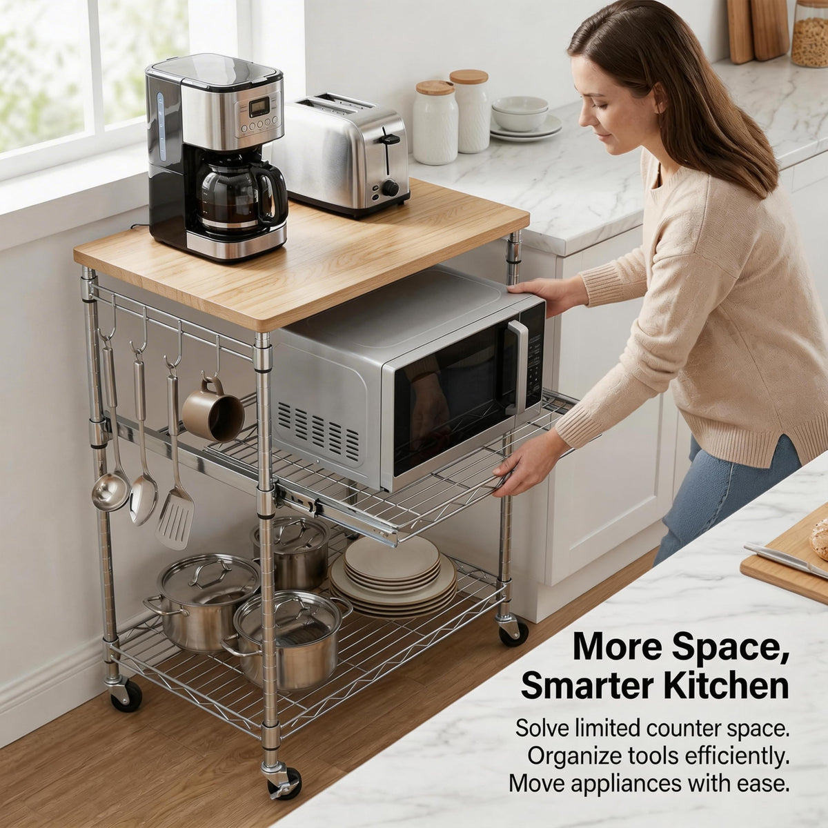 Finnhomy 3-Tier Rolling Kitchen Cart, Microwave Cart with Oak Wood Tabletop and Drawer Slider