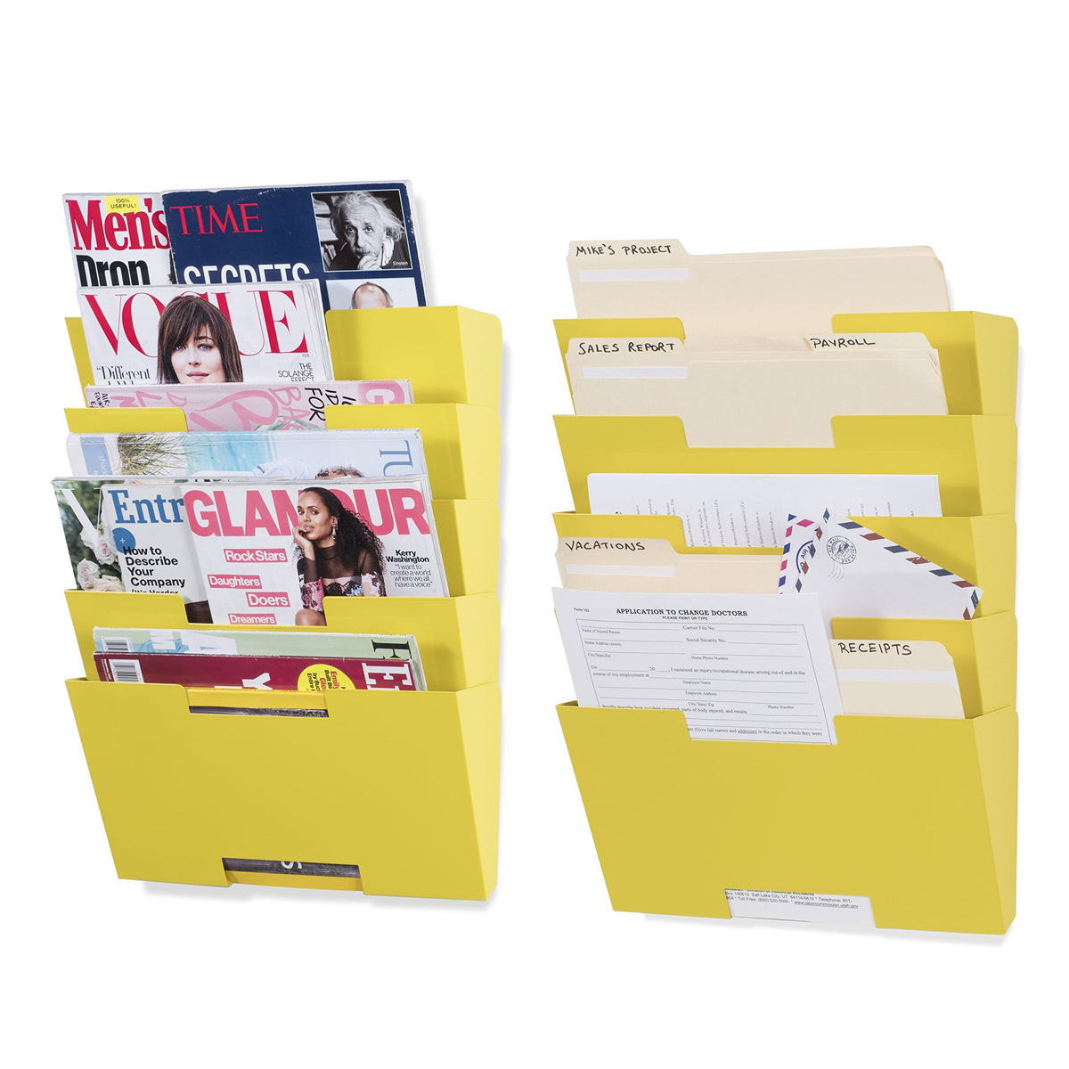 Wallniture Lisbon 10-Tier Metal Wall File Holder Organizer for Organization and Storage, Yellow