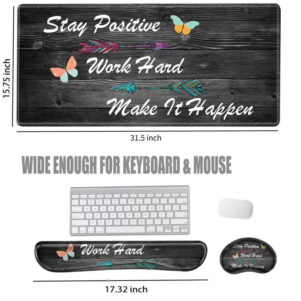 Stay Positive Mouse Pad and Keyboard Wrist Rest Inspirational Desk Mat Set Gaming Mousepad with