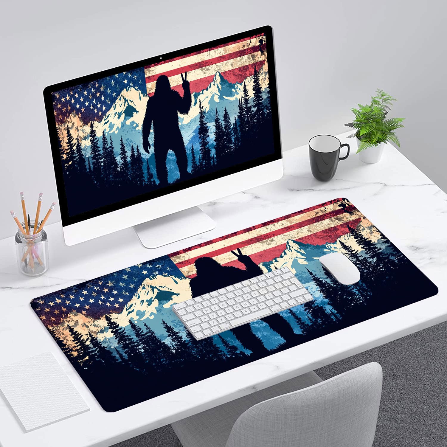 American Flag Bigfoot Desk Mat Gaming Mouse Pad Forest Mountain Extended Gaming Mouse Pad Mat with