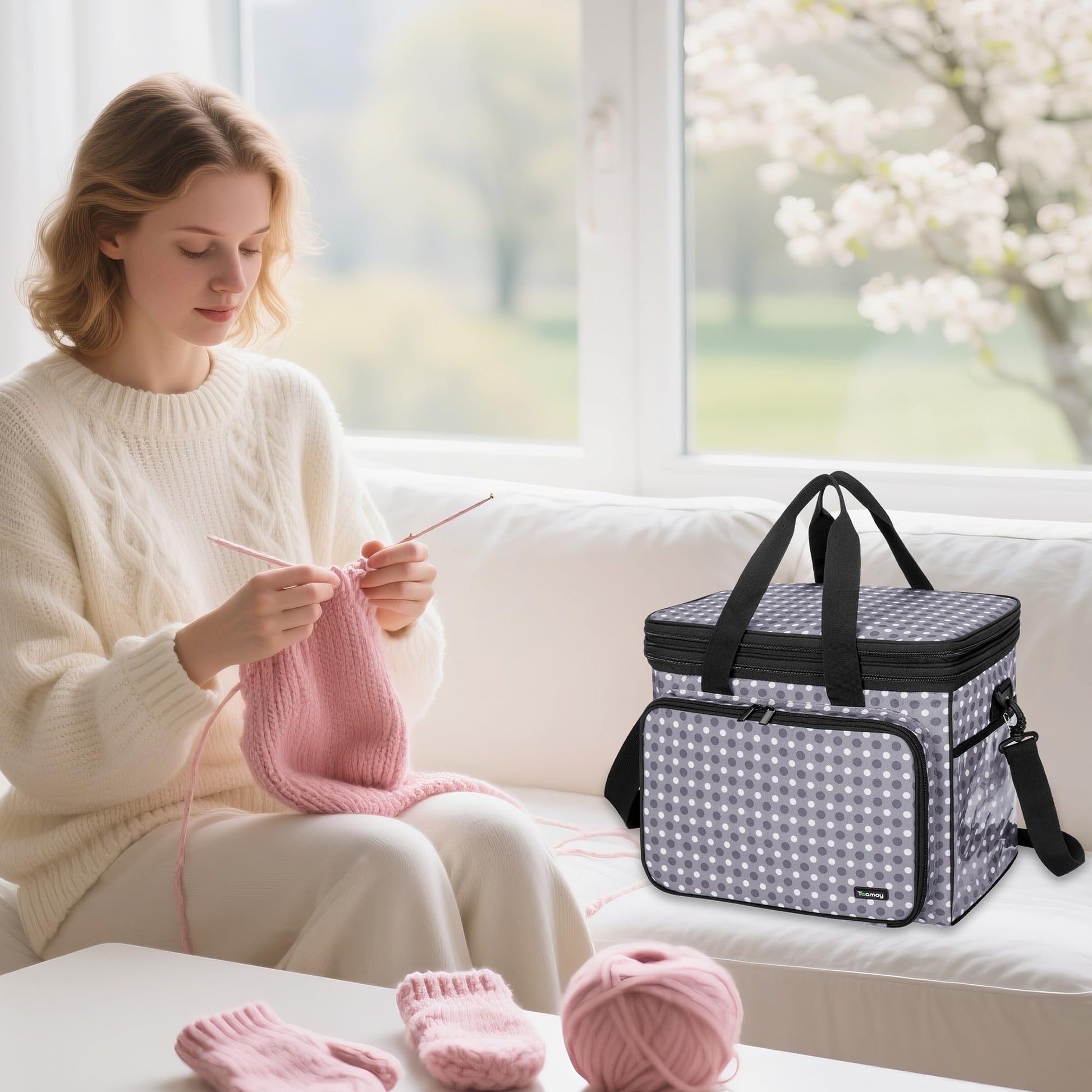 Teamoy Crochet Bag Knitting Bag Yarn Storage Tote, Yarn Organizer, Gray Dot
