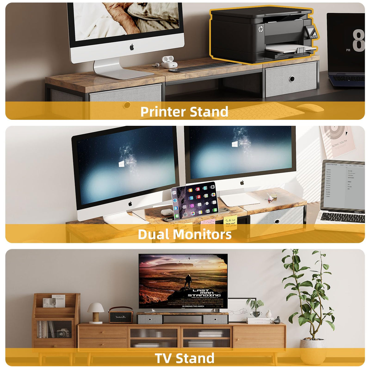 39 Inch Dual Monitor Stand Riser with 2 Drawers - Large Brown Wooden Computer Stand for 2 Monitors