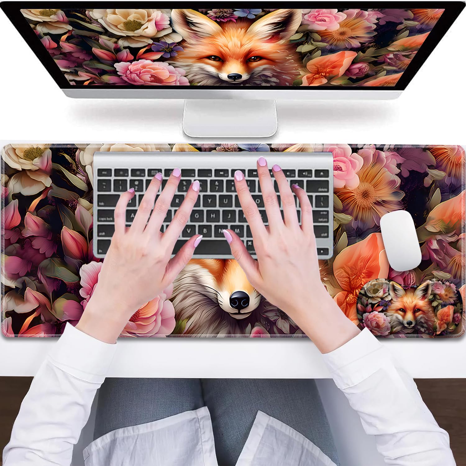 3-Piece Fairy Fox Floral Mouse Pad Set, Including Wrist Support Pad and Cup Holder, with Waterproof