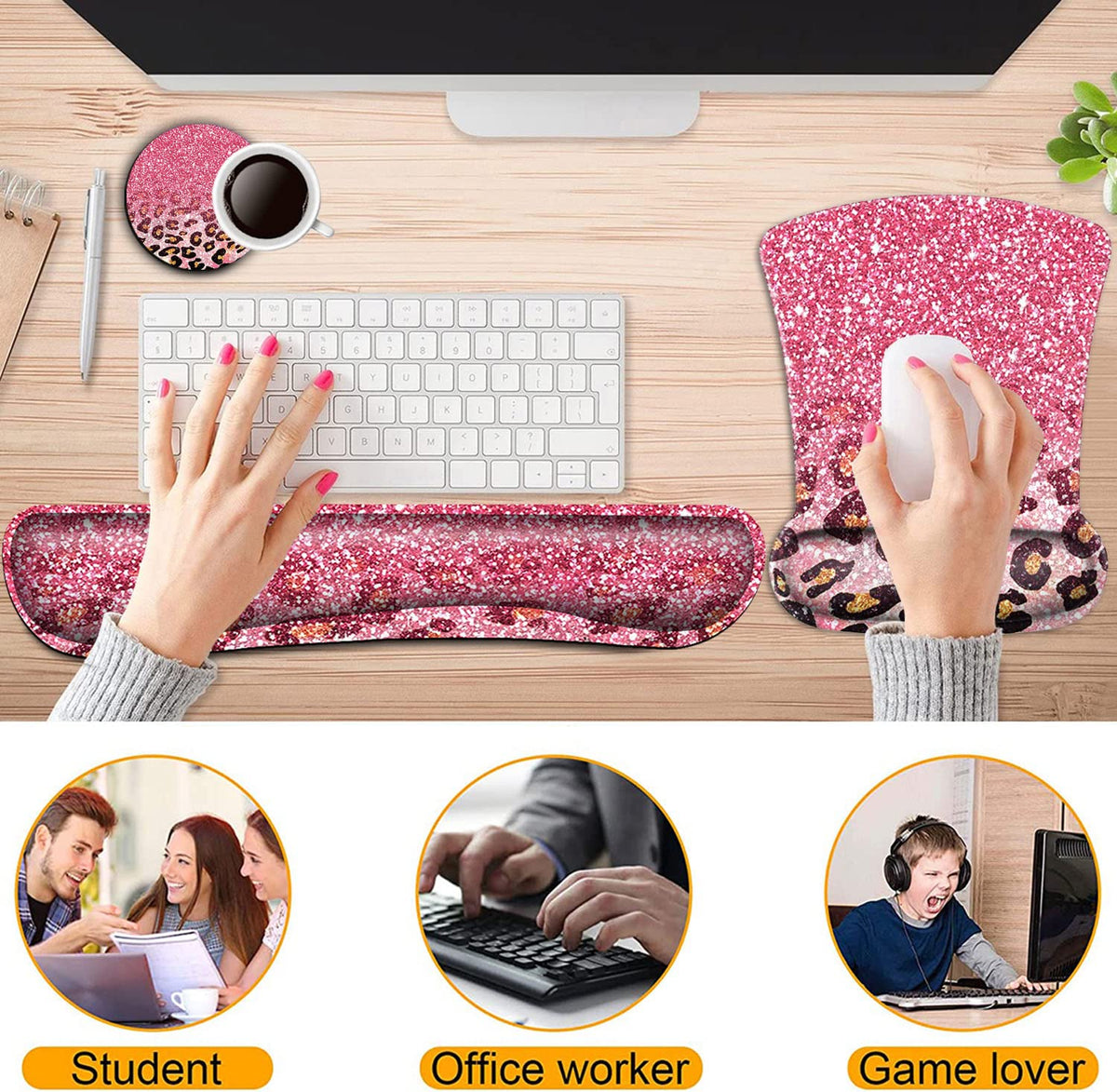 Keyboard Wrist Rest and Mouse Pad Wrist Support Set,Cute Pink Faux Glitter Leopard Ergonomic Gel