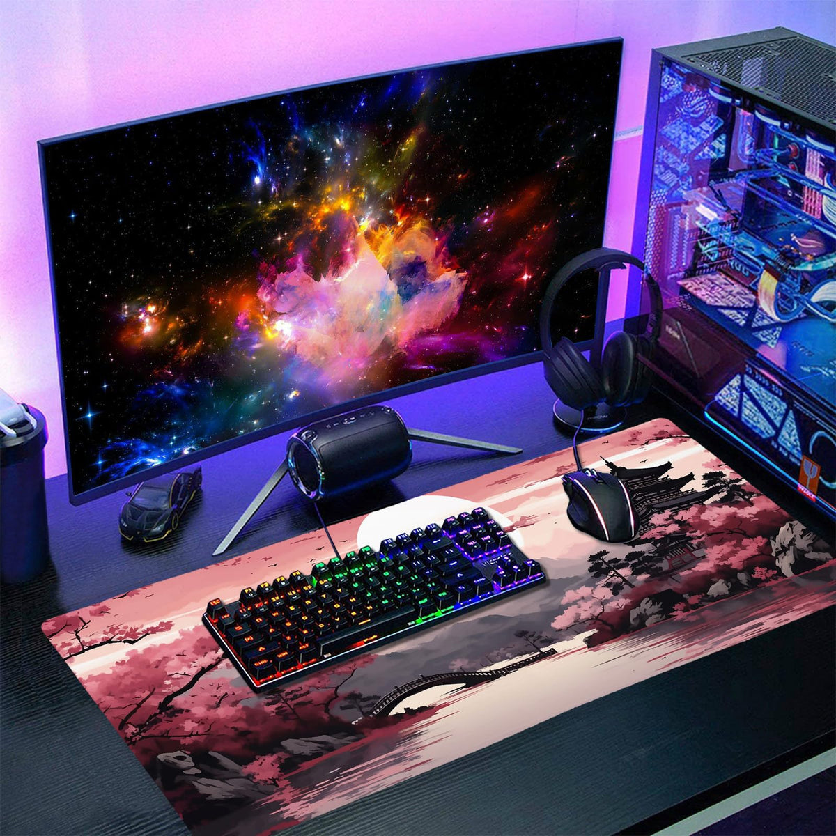 Pink Japanese Sakura Gaming Mouse Pad XXL Cherry Blossom Tower Mountain Landscape Big Extended