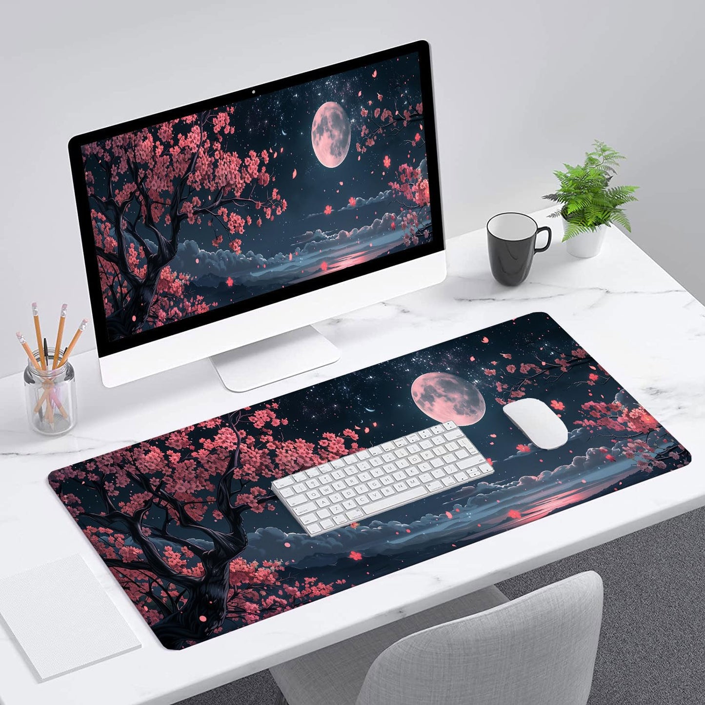 Cherry Blossom Floral Desk Pad Mouse Pad Kawaii Pink Black Moon Floral Gaming Mouse Mat with