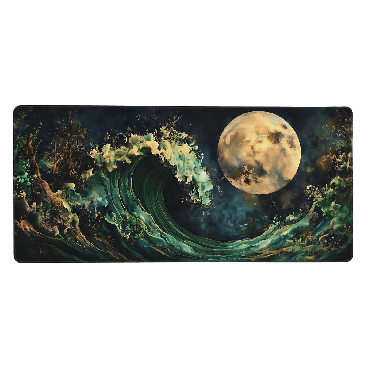 Aesthetic Kanagawa Great Wave Gaming Mouse Pad, Deep Forest Green Japanese Desk Mat with Anti-Slip