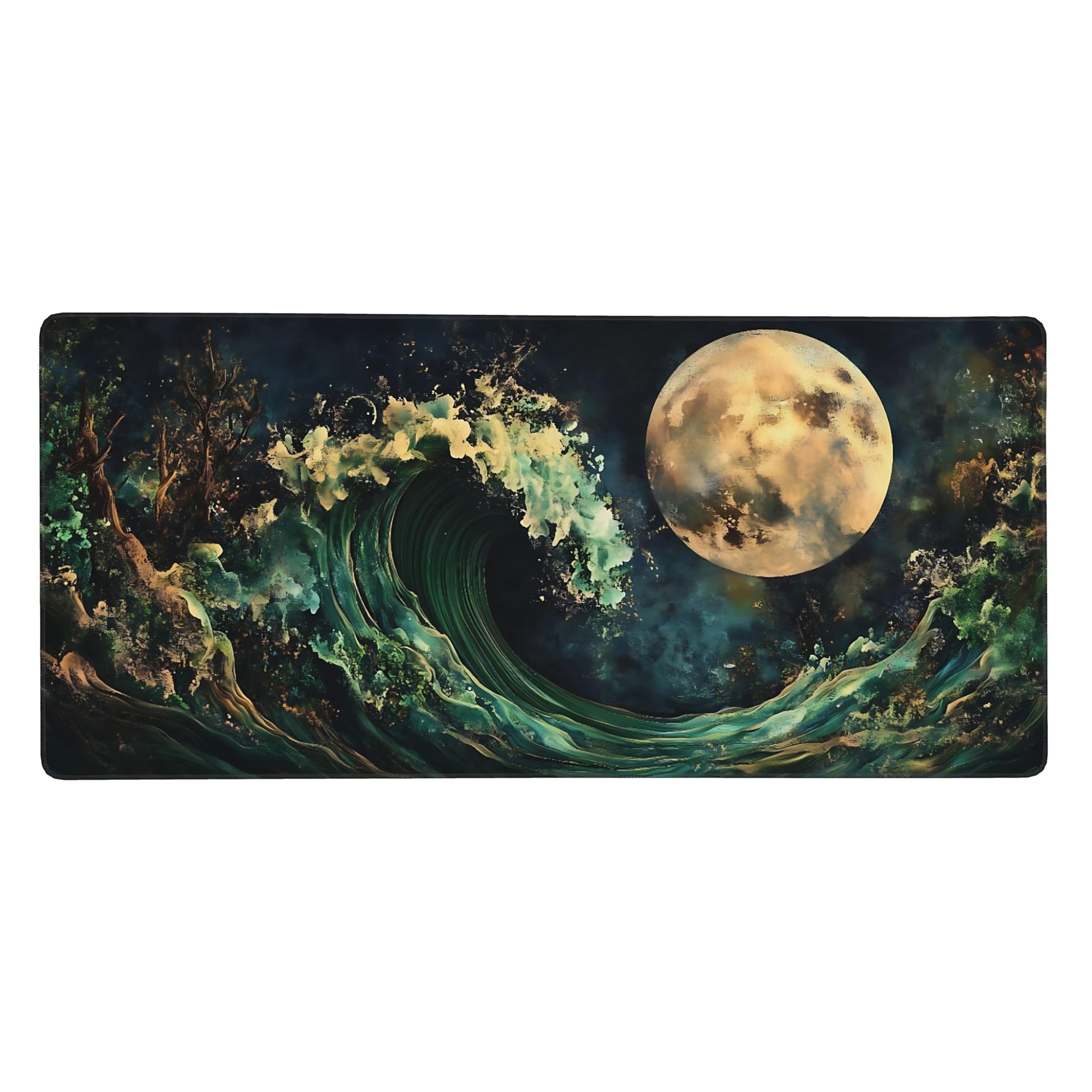 Aesthetic Kanagawa Great Wave Gaming Mouse Pad, Deep Forest Green Japanese Desk Mat with Anti-Slip