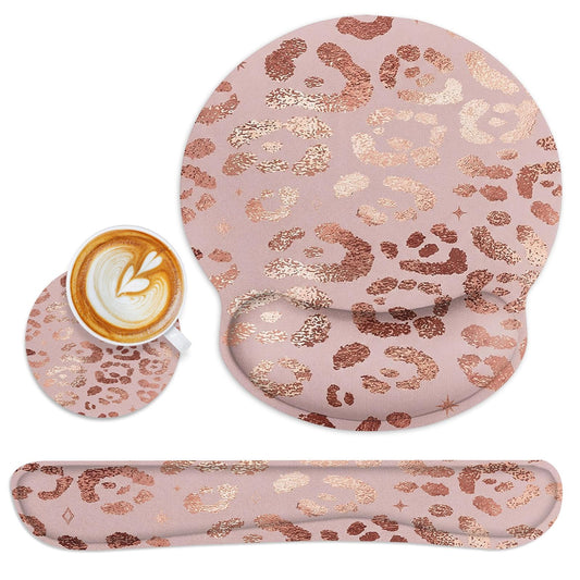 Britimes Ergonomic Mouse Pad Set with Wrist Rest, Leopard Rose Gold Pink