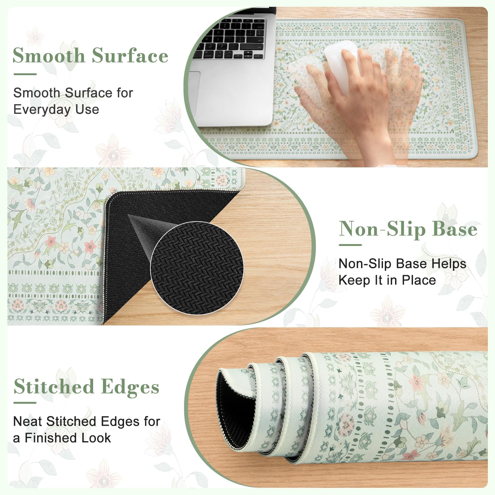 HAOCOO Light Green Floral Deskmat, 31.5" x 11.8" Mousepad for Dorm Room