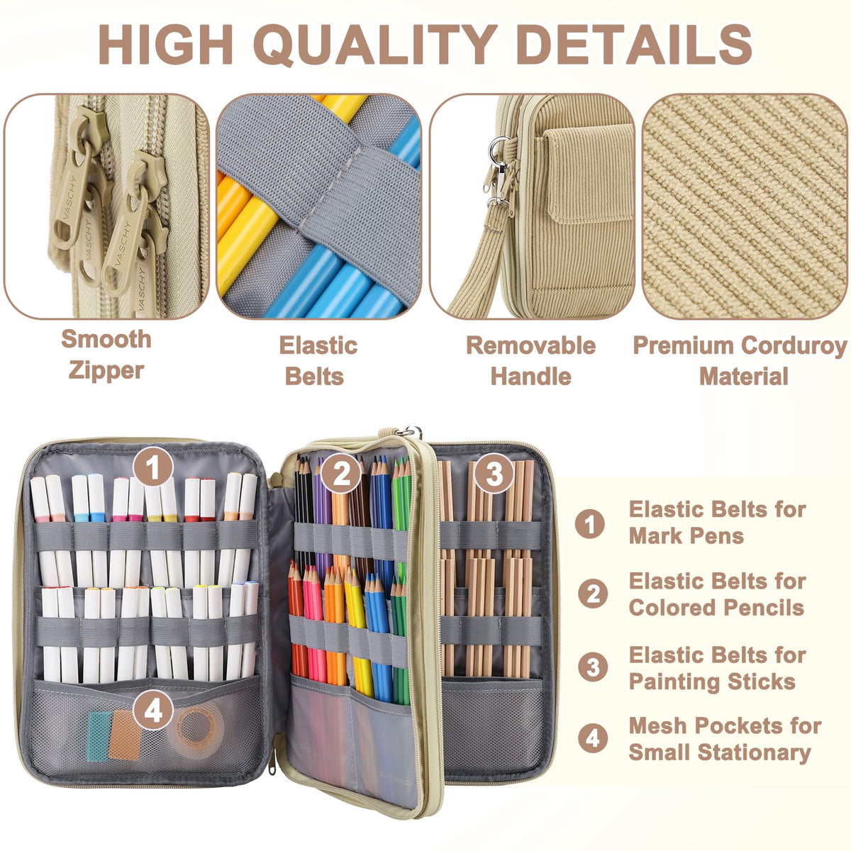 VASCHY Colored Pencil Case, Corduroy Large Pencil Pouch for Art Pens Markers Gel Pens Big Holder
