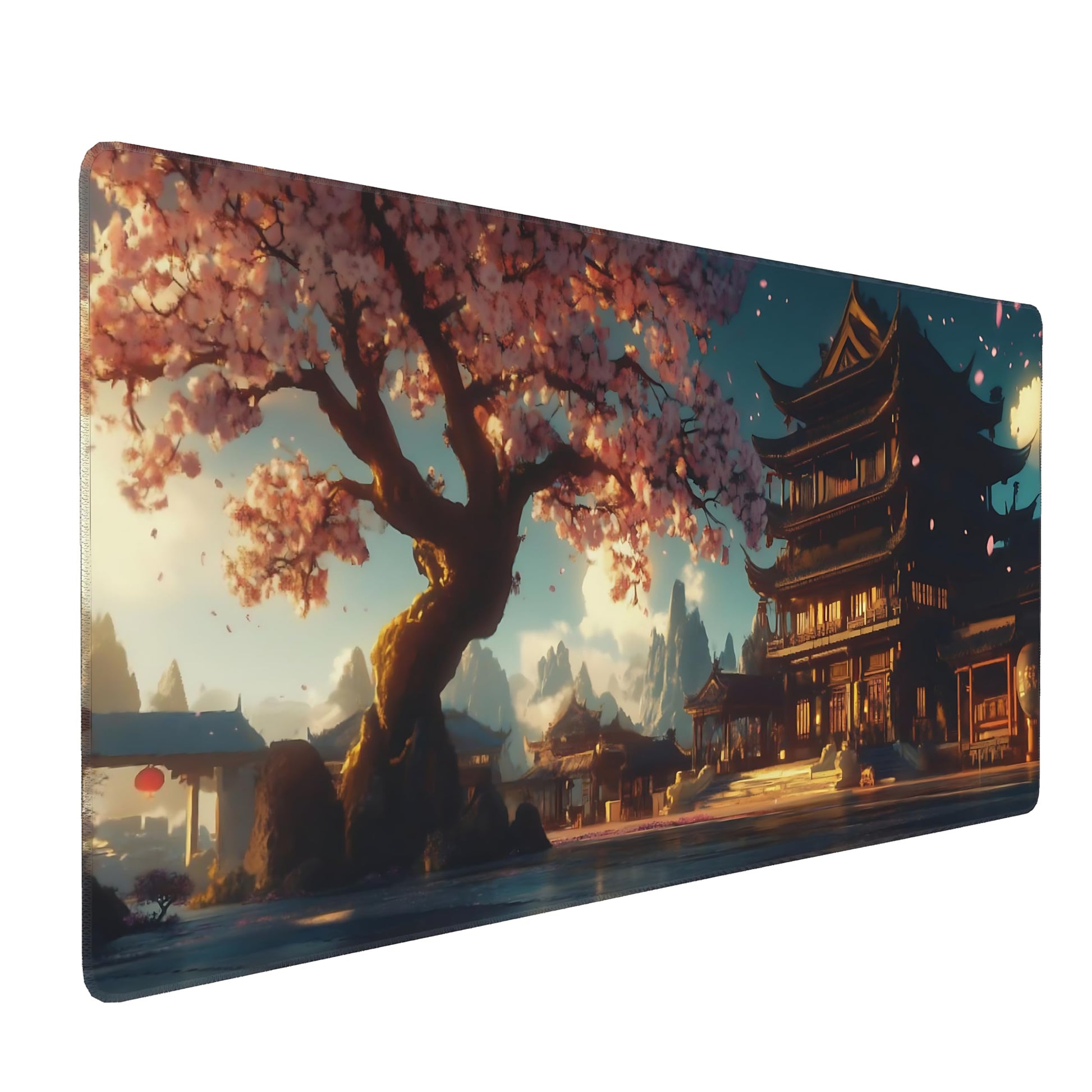 Aesthetic Scenery Gaming Mouse Pad, Blue Pink Japanese Desk Mat with Anti-Slip Base & Stitched