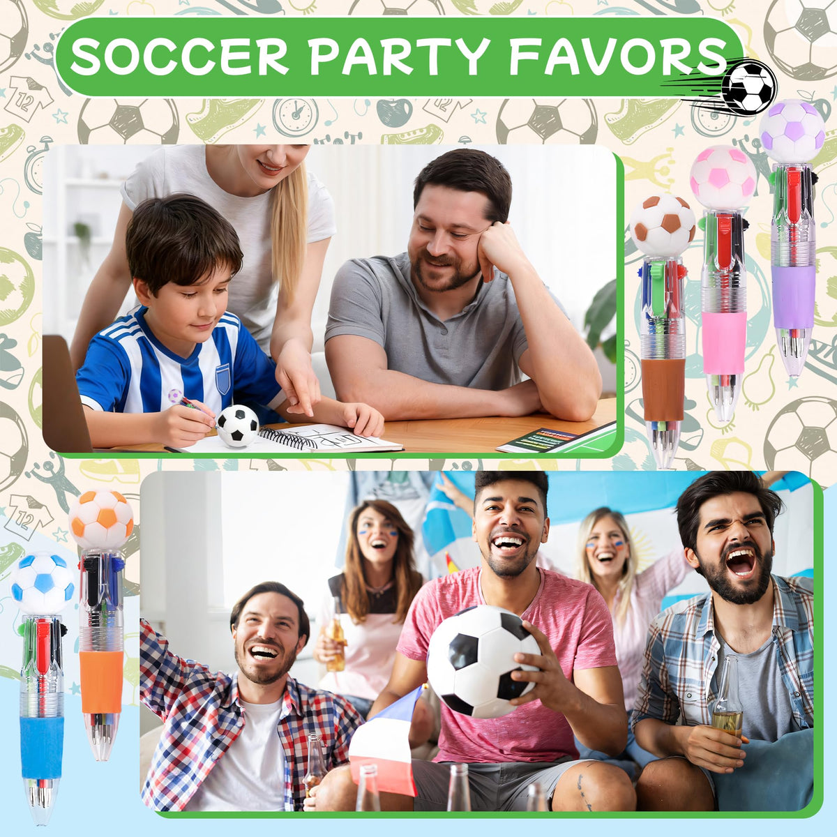 LiYiQ 100 Pcs Soccer Party Favor Multicolor Pen in One Cartoon Cute Fun 4-in-1 Cute Pens Bulk