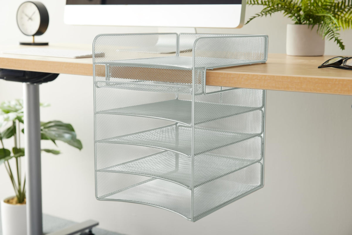 Safco Onyx Hanging Desktop Organizer with 5 Horizontal Trays, Under-Desk Storage. Fits Tables 1.75"