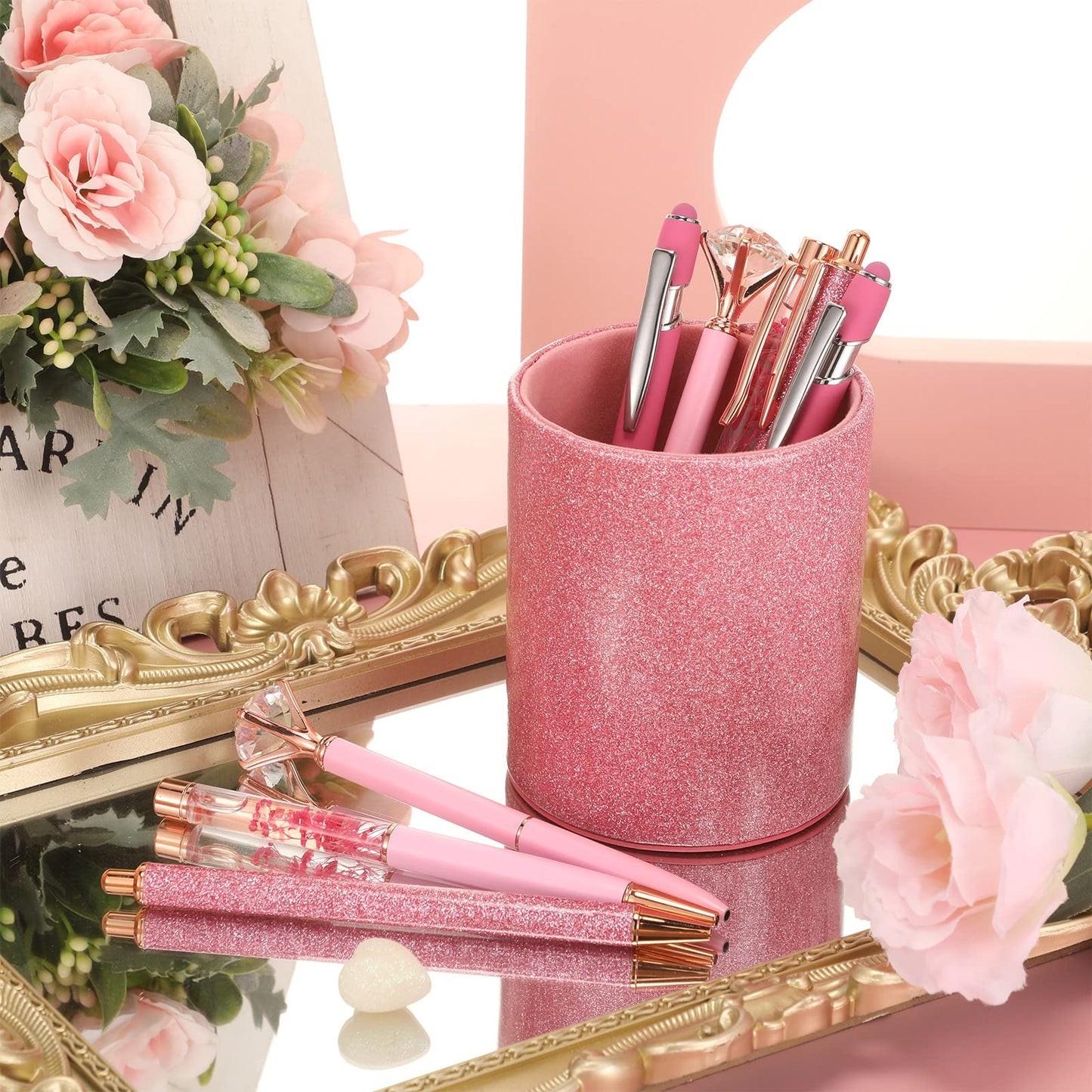 Sabary 8 Pcs Hot Pink Diamond Pens with Glitter Desk Pen Holder for Women