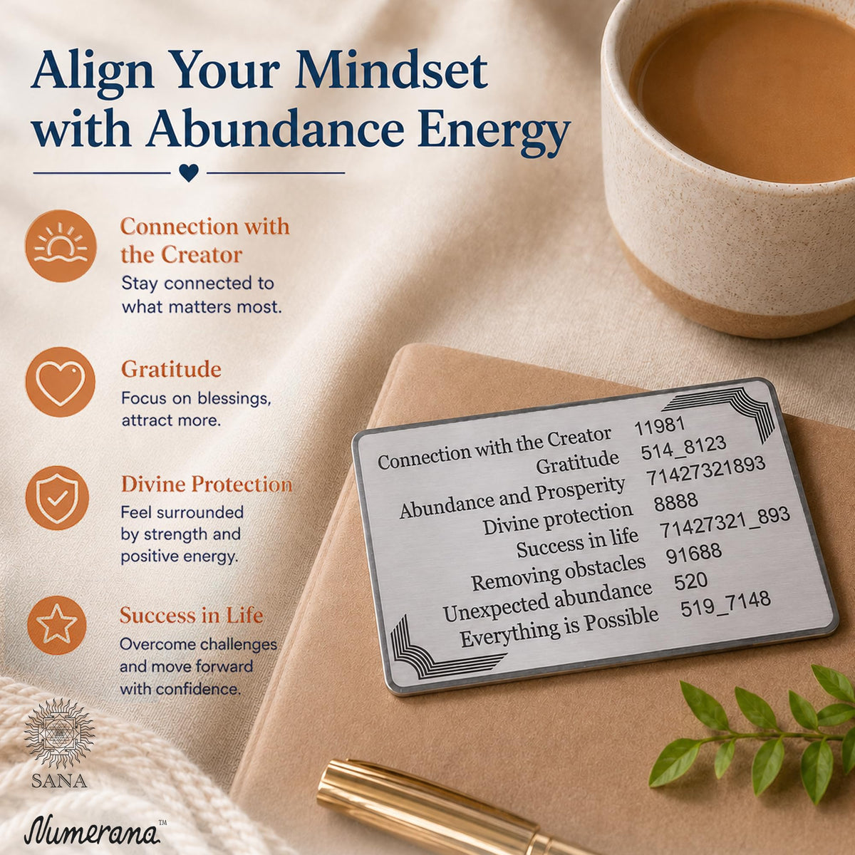 SANA Numerana Grabovoi Numbers Abundance Card | Stainless Steel Millionaire Code Prosperity