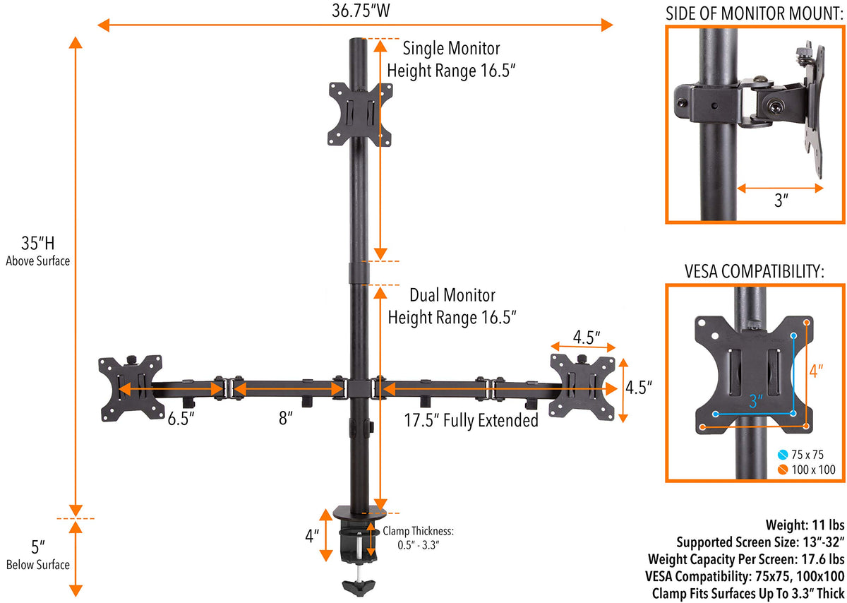 Stand Steady Triple Monitor Desk Stand with Clamp-On Base, for Home or Office Use, Height
