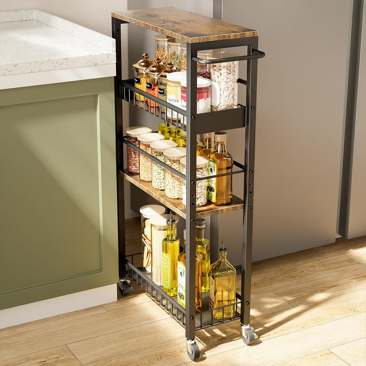 Kssiaz Slim Rolling Storage Cart, 4 Tier Narrow Storage Cart, 7.1in(W)