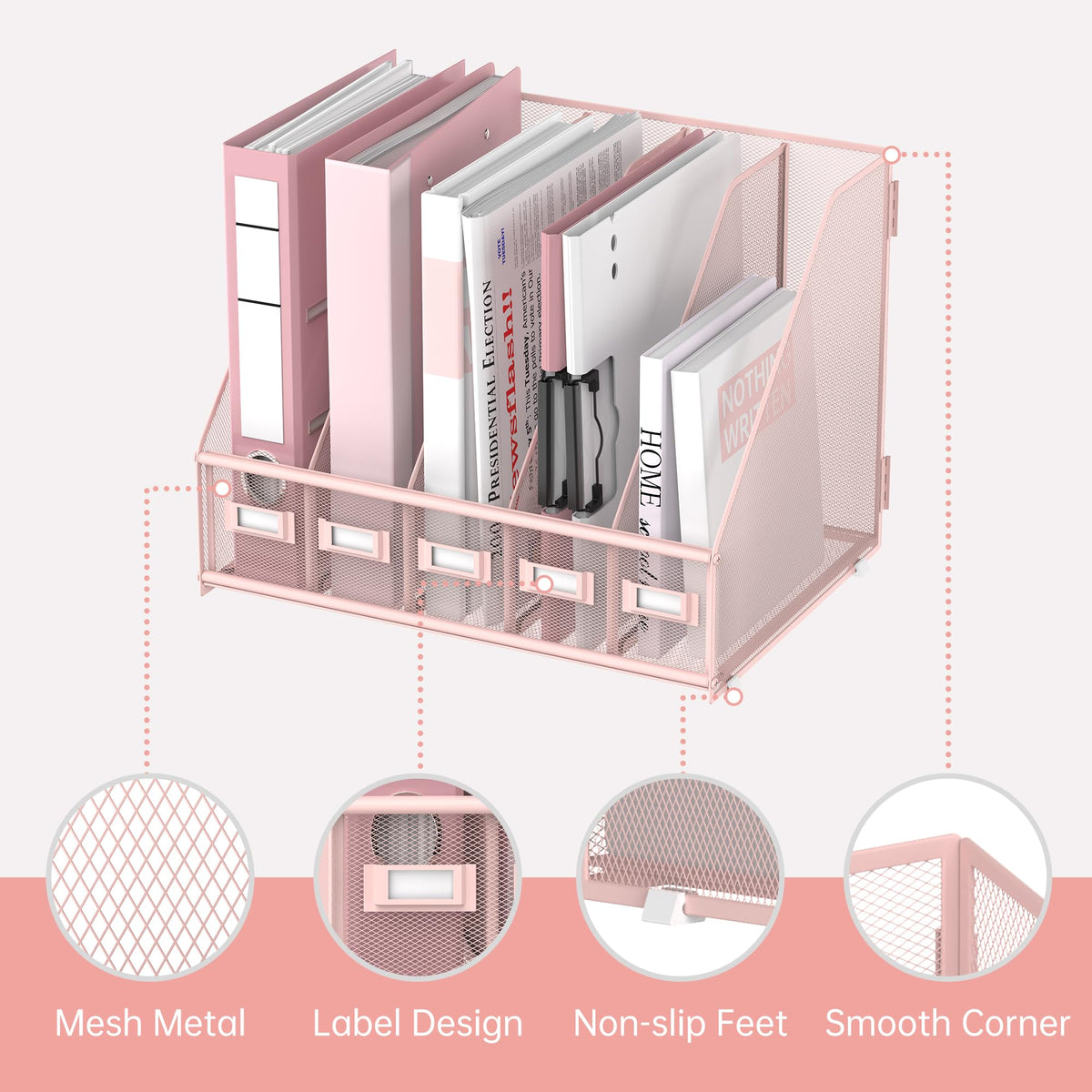 SUPEASY Desk Organizers Metal Desk Magazine File Holder with 5 Vertical Compartments Rack File