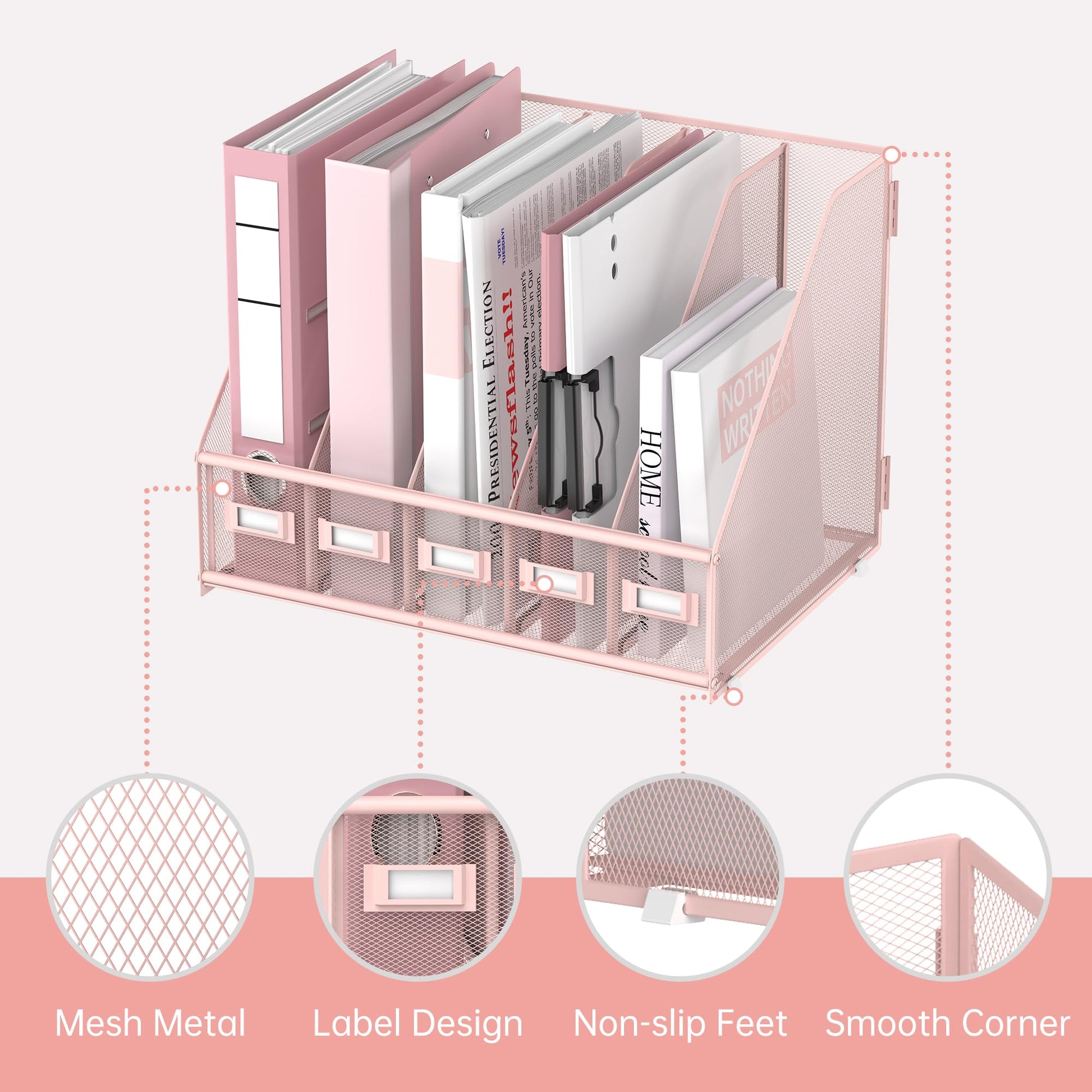 SUPEASY Desk Organizers Metal Desk Magazine File Holder with 5 Vertical Compartments Rack File