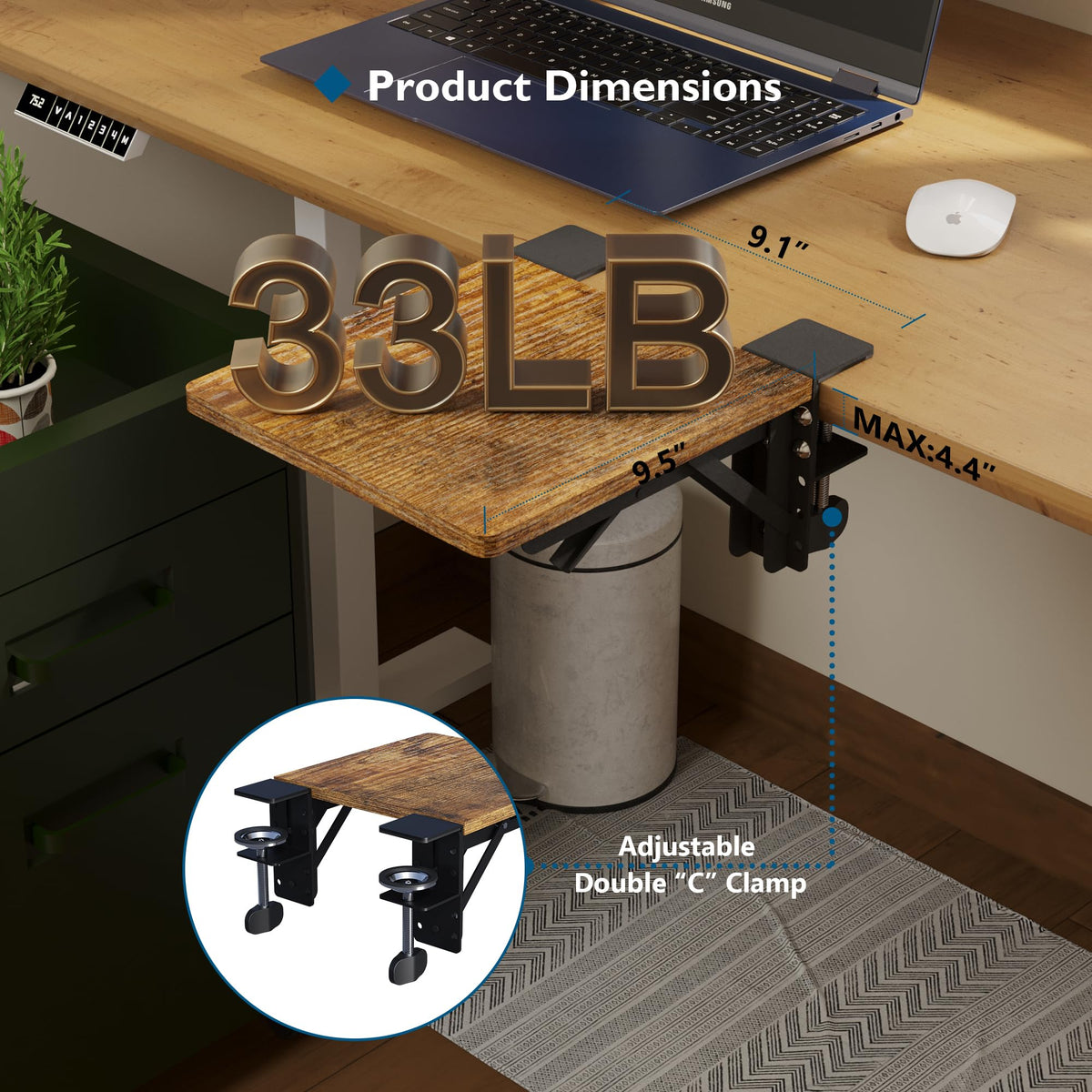 BONTEC Ergonomic Desk Extender Tray, 9.5"x9.1" Table Mount Arm Wrist Rest Shelf, 90° Foldable Elbow